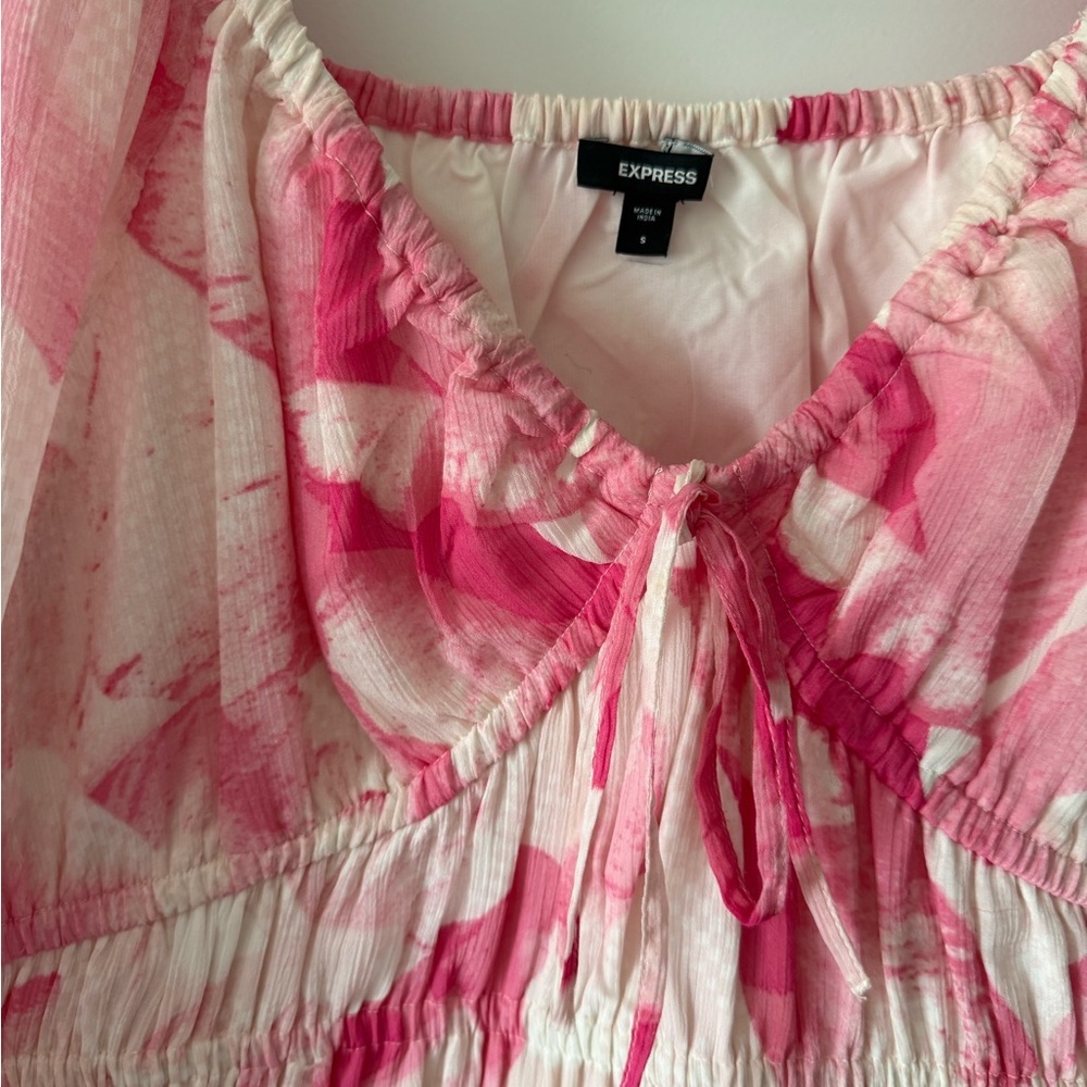 Express Pink and White Smocked Long Sleeve Blouse - Picture 4 of 5